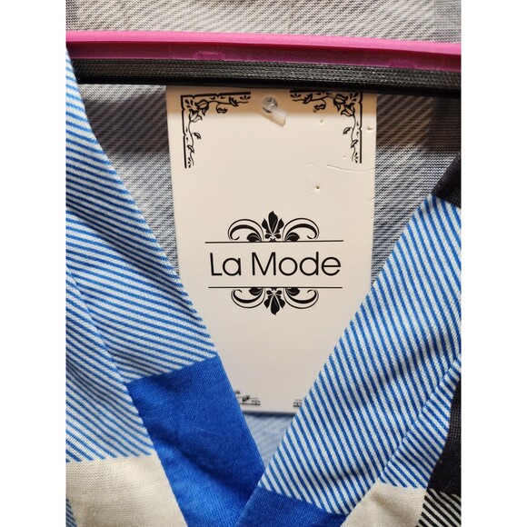 LA MODE WOMEN 2X BLUE PLAID NEW BLOUSE CHECKERED NAUTICAL WORK SHEER OFFICE FARM - Picture 12 of 15